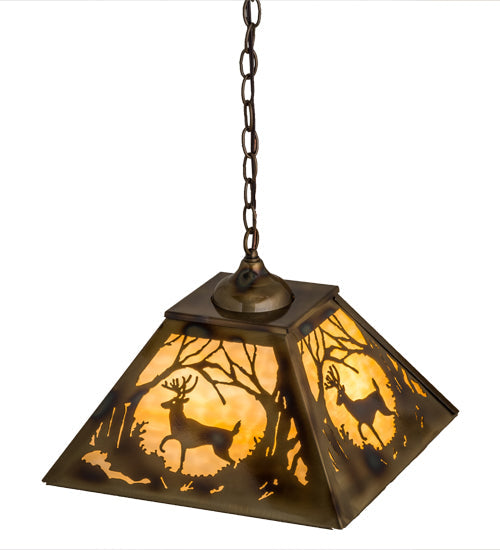 Meyda Lighting Deer at Dawn 23" 3-Light Burnished Brass Tint Deer in the Woods Pendant Light With Beige Shade Glass