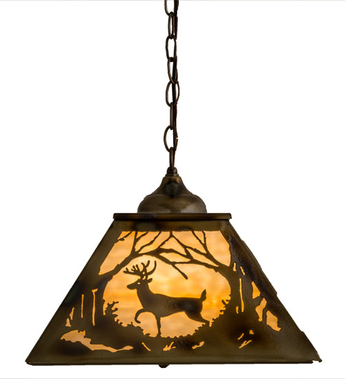 Meyda Lighting Deer at Dawn 23" 3-Light Burnished Brass Tint Deer in the Woods Pendant Light With Beige Shade Glass