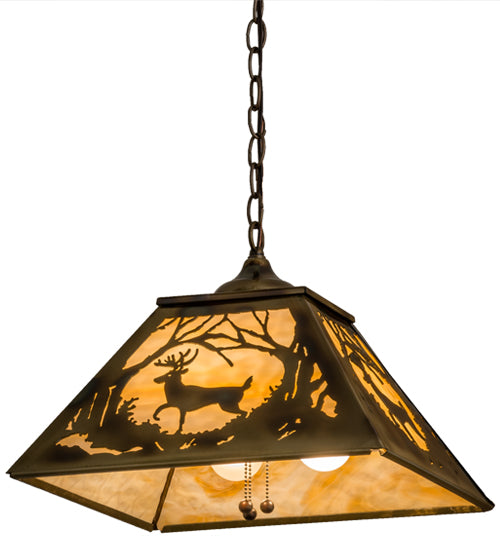 Meyda Lighting Deer at Dawn 23" 3-Light Burnished Brass Tint Deer in the Woods Pendant Light With Beige Shade Glass