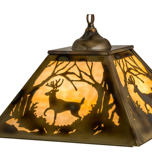 Meyda Lighting Deer at Dawn 23" 3-Light Burnished Brass Tint Deer in the Woods Pendant Light With Beige Shade Glass