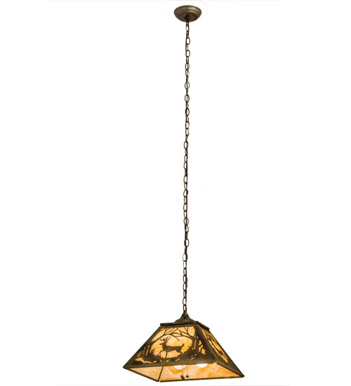 Meyda Lighting Deer at Dawn 23" 3-Light Burnished Brass Tint Deer in the Woods Pendant Light With Beige Shade Glass