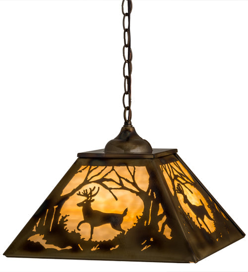 Meyda Lighting Deer at Dawn 23" 3-Light Burnished Brass Tint Deer in the Woods Pendant Light With Beige Shade Glass