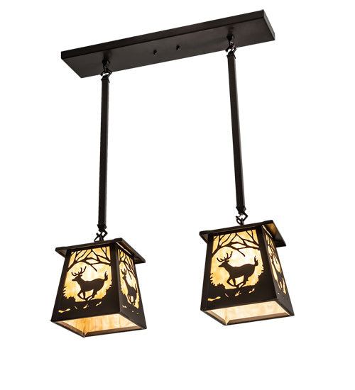 Meyda Lighting Deer at Dawn 24" 2-Light Bronze Island Pendant Light With Beige Shade Glass