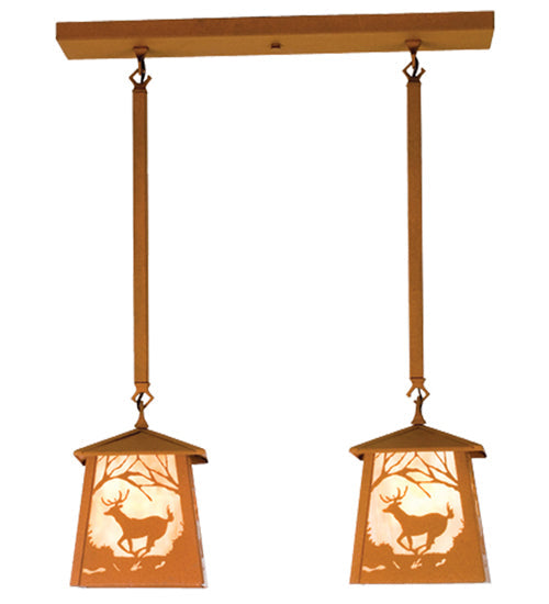 Meyda Lighting Deer at Dawn 24" 2-Light Earth Island Pendant Light With Beige Art Shade Glass