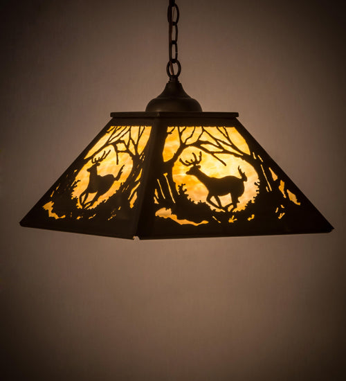 Meyda Lighting Deer at Dawn 27902 23" 2-Light Antique Copper Pendant Light With Beige Art Shade Glass