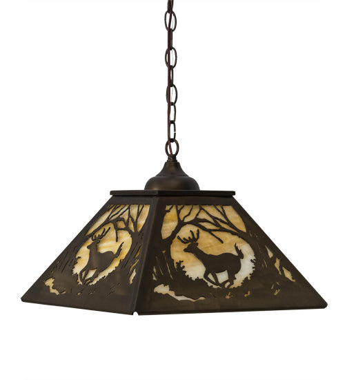 Meyda Lighting Deer at Dawn 27902 23" 2-Light Antique Copper Pendant Light With Beige Art Shade Glass