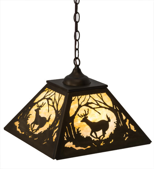Meyda Lighting Deer at Dawn 27902 23" 2-Light Antique Copper Pendant Light With Beige Art Shade Glass