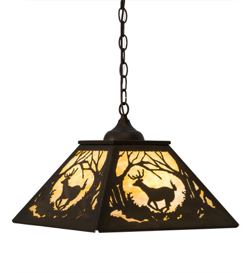 Meyda Lighting Deer at Dawn 27902 23" 2-Light Antique Copper Pendant Light With Beige Art Shade Glass