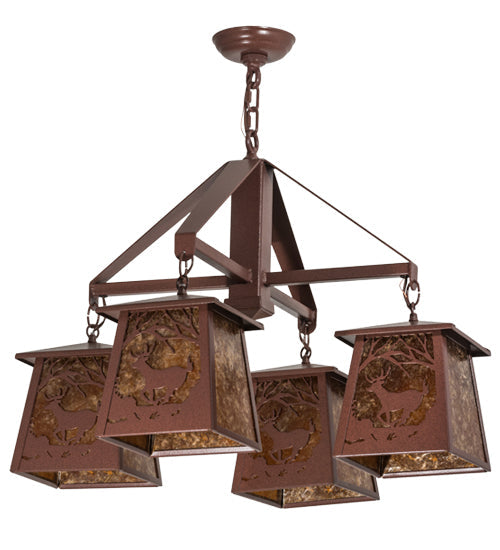 Meyda Lighting Deer at Dawn 28" 4-Light Rust Chandelier With Amber Mica Shade Glass