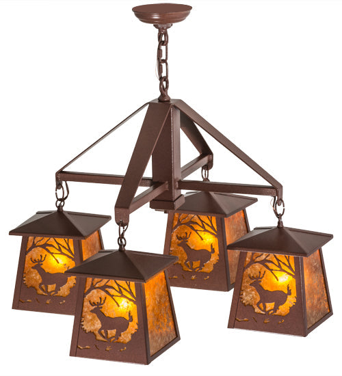 Meyda Lighting Deer at Dawn 28" 4-Light Rust Chandelier With Amber Mica Shade Glass