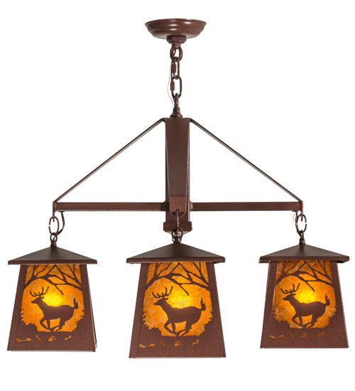 Meyda Lighting Deer at Dawn 28" 4-Light Rust Chandelier With Amber Mica Shade Glass