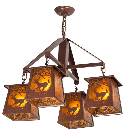 Meyda Lighting Deer at Dawn 28" 4-Light Rust Chandelier With Amber Mica Shade Glass