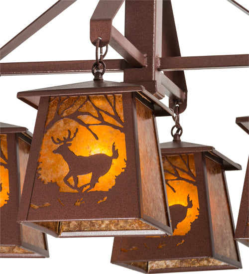 Meyda Lighting Deer at Dawn 28" 4-Light Rust Chandelier With Amber Mica Shade Glass