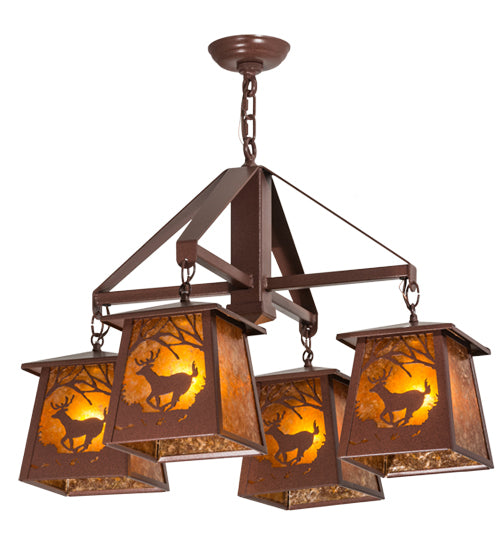 Meyda Lighting Deer at Dawn 28" 4-Light Rust Chandelier With Amber Mica Shade Glass