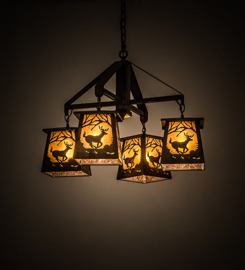 Meyda Lighting Deer at Dawn 28" 4-Light Vintage Copper Chandelier With Amber Mica Shade Glass