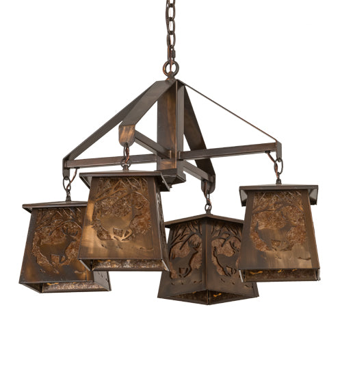 Meyda Lighting Deer at Dawn 28" 4-Light Vintage Copper Chandelier With Amber Mica Shade Glass