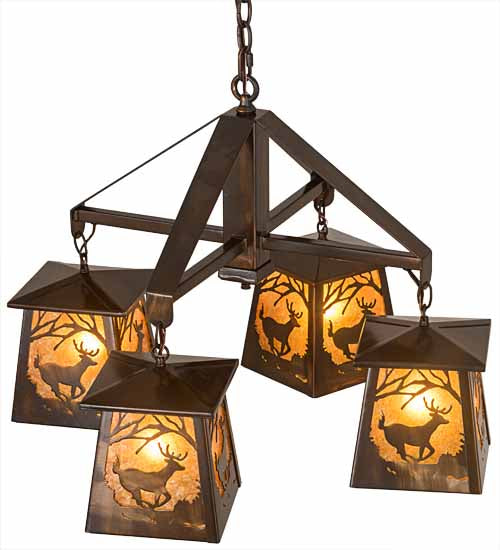 Meyda Lighting Deer at Dawn 28" 4-Light Vintage Copper Chandelier With Amber Mica Shade Glass