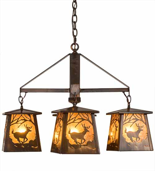 Meyda Lighting Deer at Dawn 28" 4-Light Vintage Copper Chandelier With Amber Mica Shade Glass