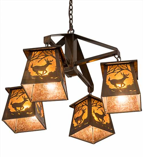 Meyda Lighting Deer at Dawn 28" 4-Light Vintage Copper Chandelier With Amber Mica Shade Glass