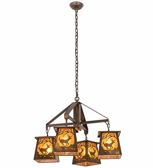 Meyda Lighting Deer at Dawn 28" 4-Light Vintage Copper Chandelier With Amber Mica Shade Glass