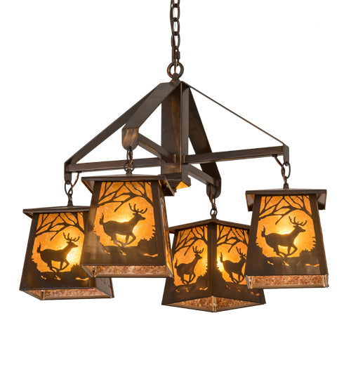 Meyda Lighting Deer at Dawn 28" 4-Light Vintage Copper Chandelier With Amber Mica Shade Glass