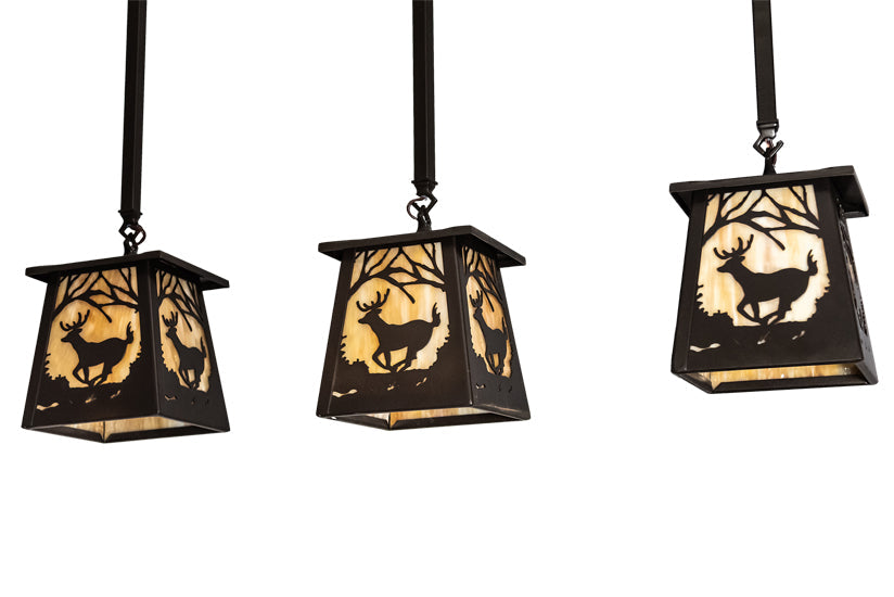 Meyda Lighting Deer at Dawn 37" 3-Light Bronze Island Pendant Light With Beige Shade Glass