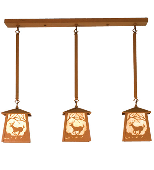 Meyda Lighting Deer at Dawn 37" 3-Light Earth Island Pendant Light With Beige Shade Glass
