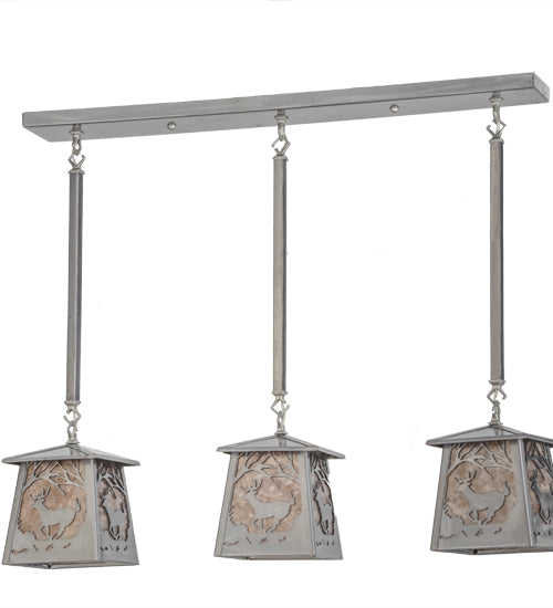 Meyda Lighting Deer at Dawn 37" 3-Light Silver Steel Island Pendant Light With Silver Mica Shade Glass