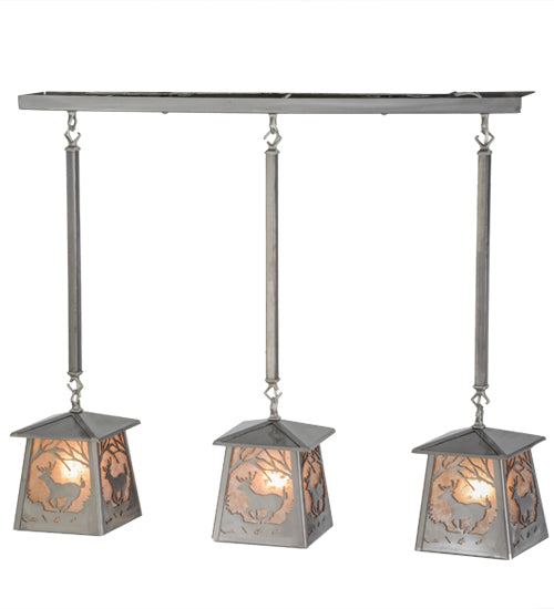 Meyda Lighting Deer at Dawn 37" 3-Light Silver Steel Island Pendant Light With Silver Mica Shade Glass