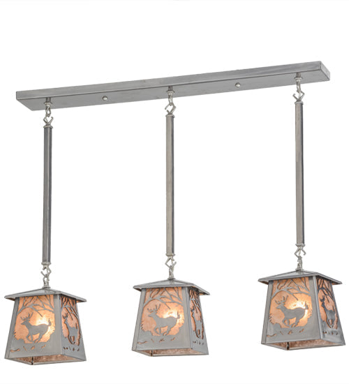 Meyda Lighting Deer at Dawn 37" 3-Light Silver Steel Island Pendant Light With Silver Mica Shade Glass