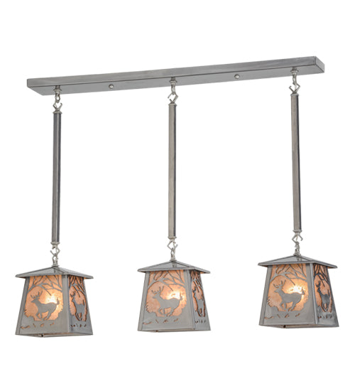 Meyda Lighting Deer at Dawn 37" 3-Light Silver Steel Island Pendant Light With Silver Mica Shade Glass