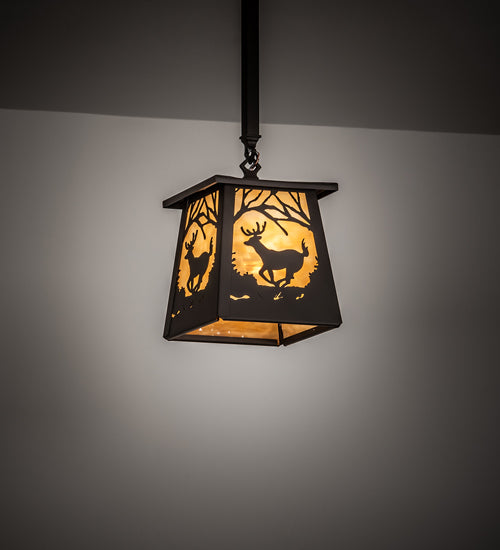Meyda Lighting Deer at Dawn 7"Sq Oil Rubbed Bronze Pendant Light With Beige Shade Glass