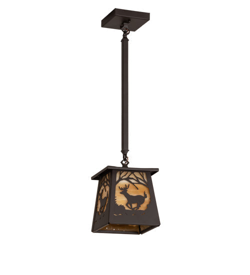 Meyda Lighting Deer at Dawn 7"Sq Oil Rubbed Bronze Pendant Light With Beige Shade Glass