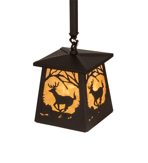 Meyda Lighting Deer at Dawn 7"Sq Oil Rubbed Bronze Pendant Light With Beige Shade Glass