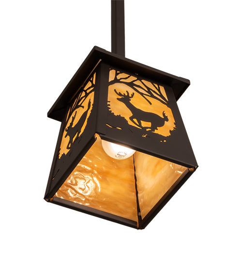 Meyda Lighting Deer at Dawn 7"Sq Oil Rubbed Bronze Pendant Light With Beige Shade Glass