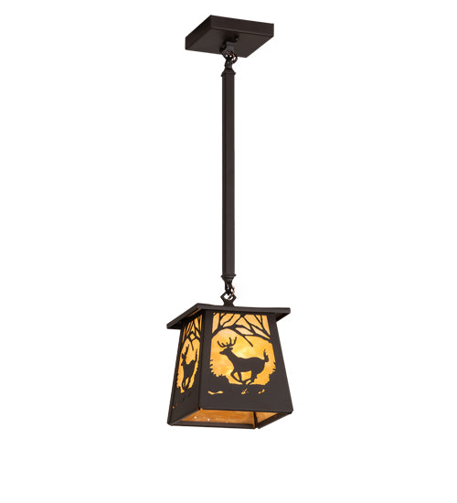 Meyda Lighting Deer at Dawn 7"Sq Oil Rubbed Bronze Pendant Light With Beige Shade Glass