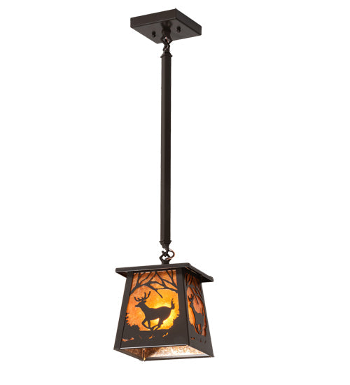 Meyda Lighting Deer at Dawn 7"Sq Timeless Bronze Pendant Light With Amber Mica Shade Glass