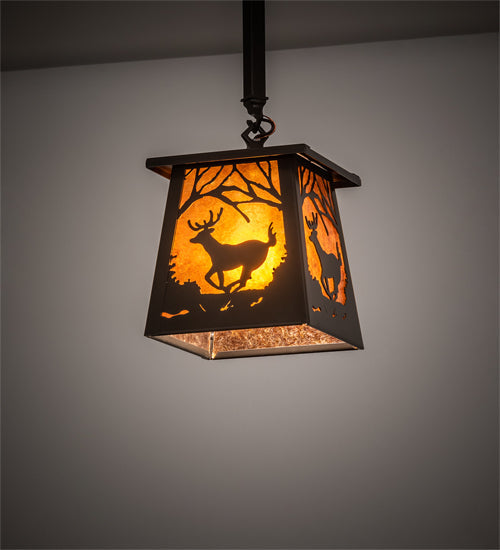 Meyda Lighting Deer at Dawn 7"Sq Timeless Bronze Pendant Light With Amber Mica Shade Glass