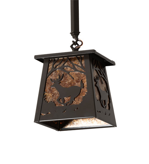 Meyda Lighting Deer at Dawn 7"Sq Timeless Bronze Pendant Light With Amber Mica Shade Glass