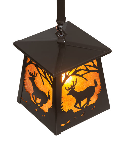 Meyda Lighting Deer at Dawn 7"Sq Timeless Bronze Pendant Light With Amber Mica Shade Glass