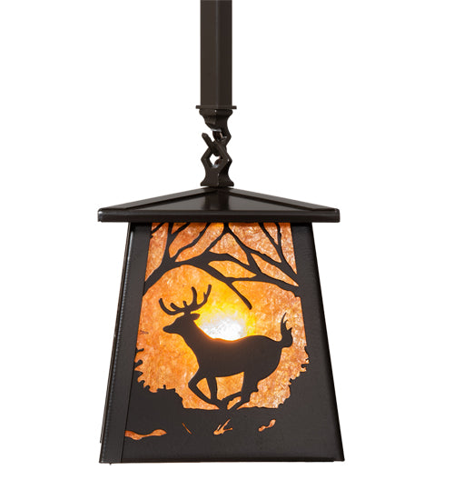 Meyda Lighting Deer at Dawn 7"Sq Timeless Bronze Pendant Light With Amber Mica Shade Glass