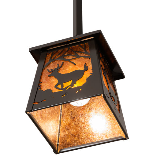 Meyda Lighting Deer at Dawn 7"Sq Timeless Bronze Pendant Light With Amber Mica Shade Glass