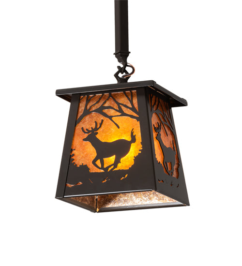 Meyda Lighting Deer at Dawn 7"Sq Timeless Bronze Pendant Light With Amber Mica Shade Glass