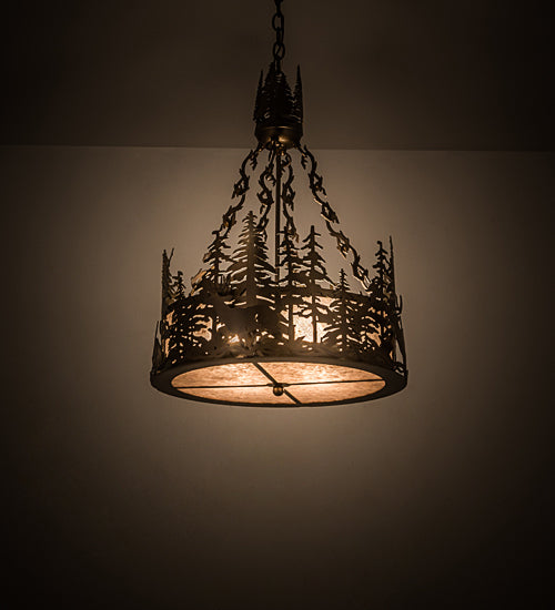 Meyda Lighting Deer at Dusk 22" 4-Light Antique Copper Inverted Pendant Light With Silver Mica Shade Glass
