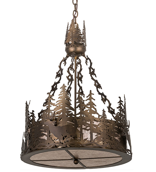 Meyda Lighting Deer at Dusk 22" 4-Light Antique Copper Inverted Pendant Light With Silver Mica Shade Glass