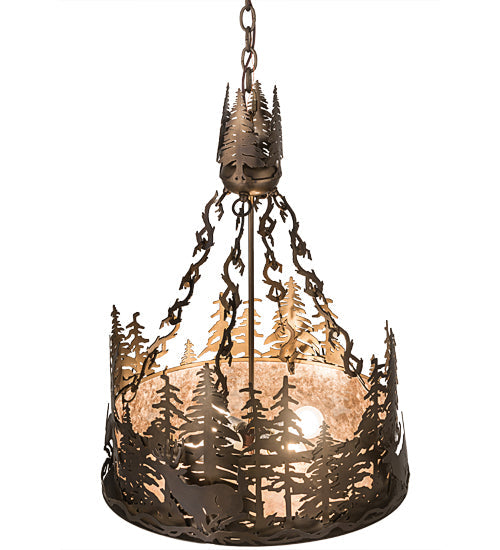Meyda Lighting Deer at Dusk 22" 4-Light Antique Copper Inverted Pendant Light With Silver Mica Shade Glass