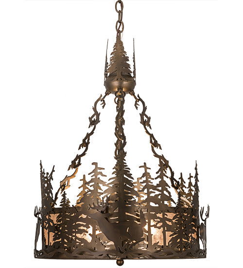 Meyda Lighting Deer at Dusk 22" 4-Light Antique Copper Inverted Pendant Light With Silver Mica Shade Glass