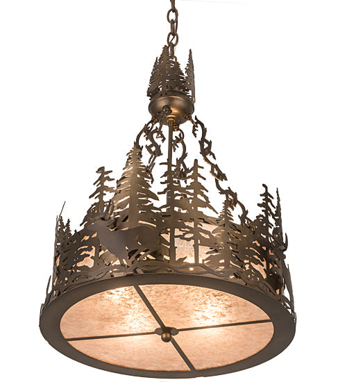 Meyda Lighting Deer at Dusk 22" 4-Light Antique Copper Inverted Pendant Light With Silver Mica Shade Glass