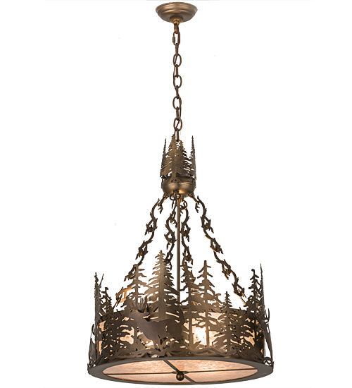Meyda Lighting Deer at Dusk 22" 4-Light Antique Copper Inverted Pendant Light With Silver Mica Shade Glass