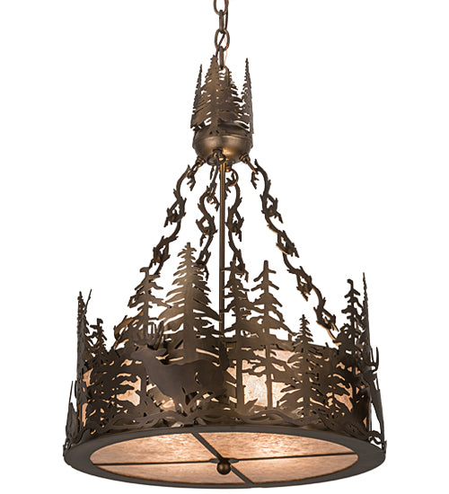 Meyda Lighting Deer at Dusk 22" 4-Light Antique Copper Inverted Pendant Light With Silver Mica Shade Glass